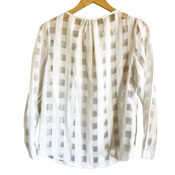 GRACIA White Peasant Blouse Neck Tie Top Long Sleeve Crew Neck Squares Small EUC - Picture 8 of 10